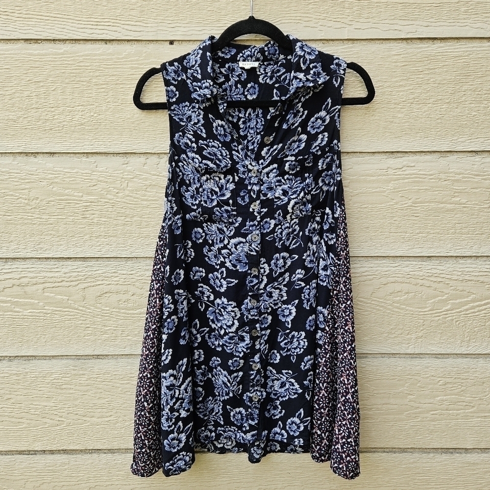 En Creme blue floral button front tunic swing dress with contrast pattern sides